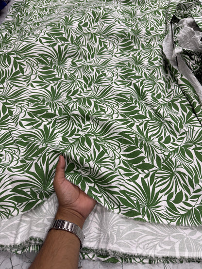 Buy Crimp Cotton Bright Green Leaf Printed Fabric