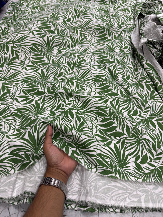 Buy Crimp Cotton Bright Green Leaf Printed Fabric