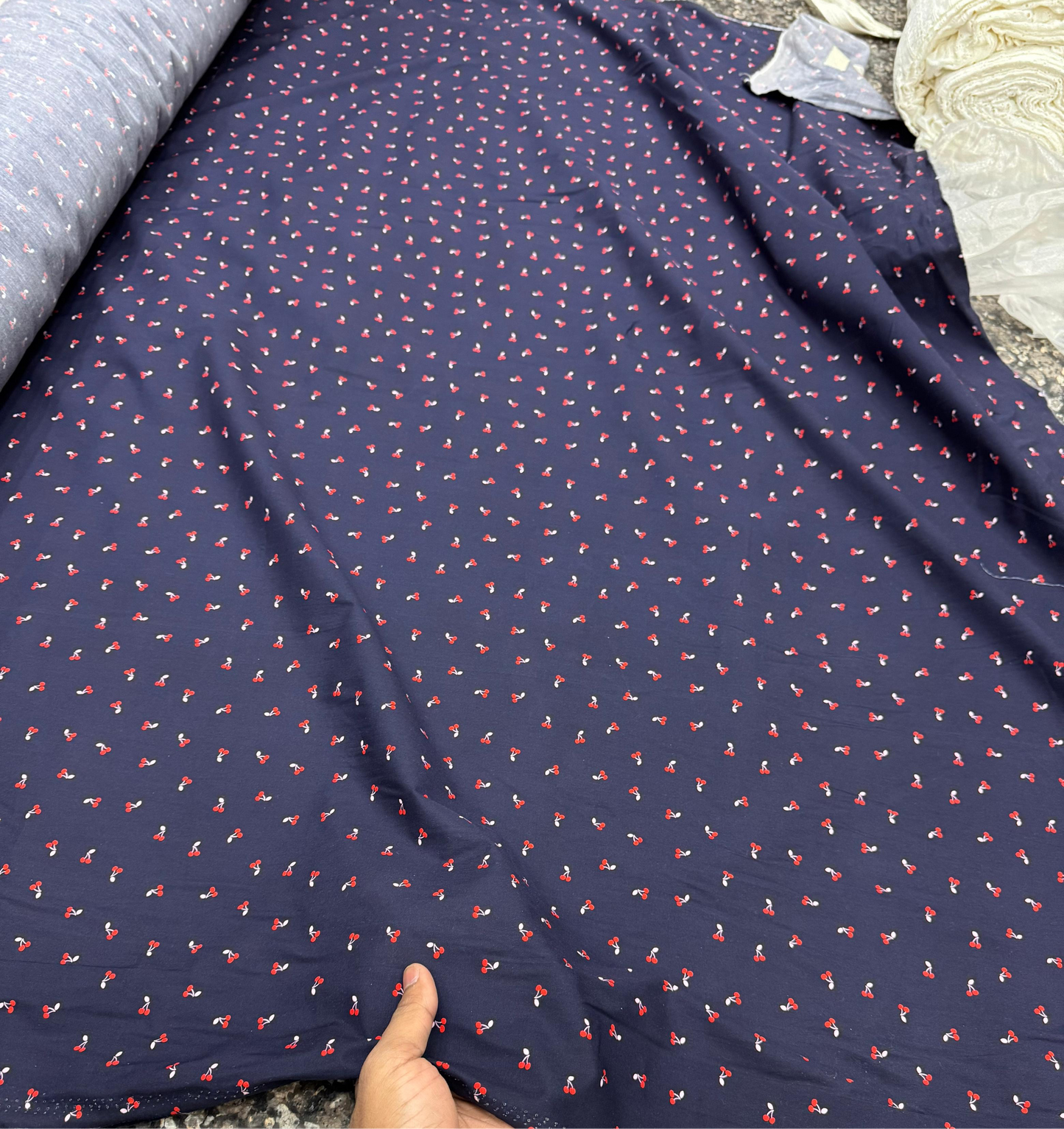 50s Poplin Dark Blue Red Cherry Printed Fabrics