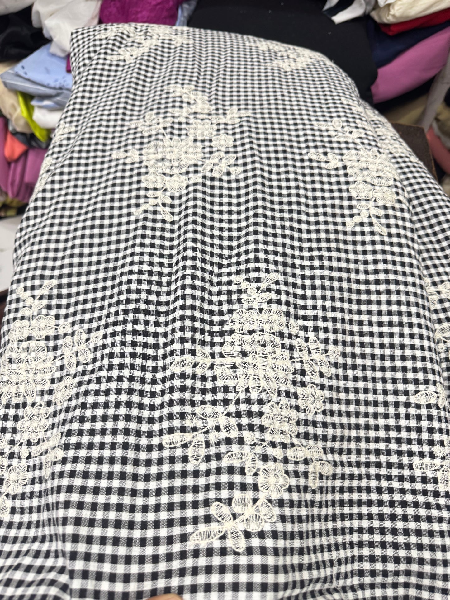 Buy Premium Cotton Black & White Seersucker Checks White Floral Embroidery Fabric