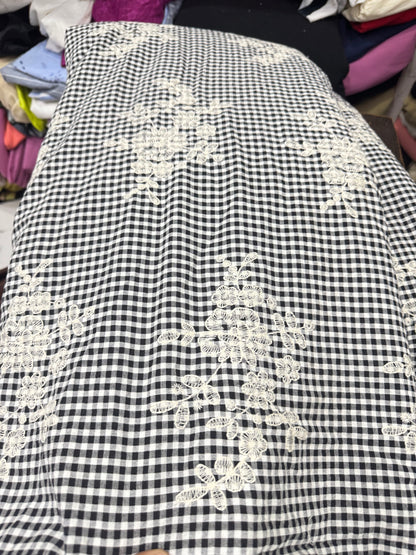 Buy Premium Cotton Black & White Seersucker Checks White Floral Embroidery Fabric