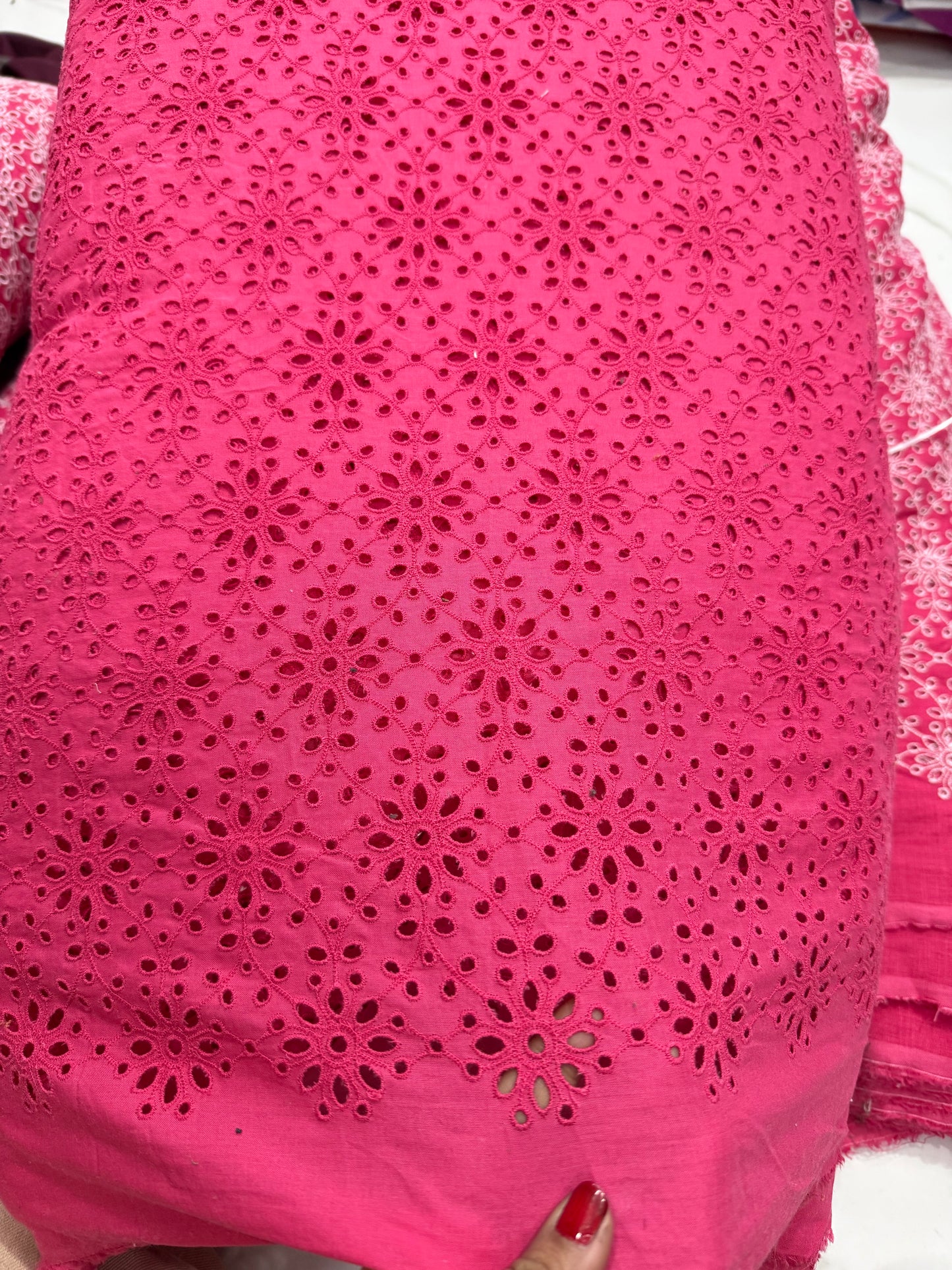 Buy Cotton Hakoba Hot Pink Flower 3 Leaf Pair Embroidery Fabric