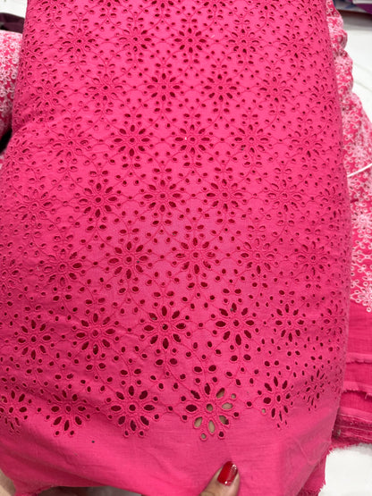 Buy Cotton Hakoba Hot Pink Flower 3 Leaf Pair Embroidery Fabric