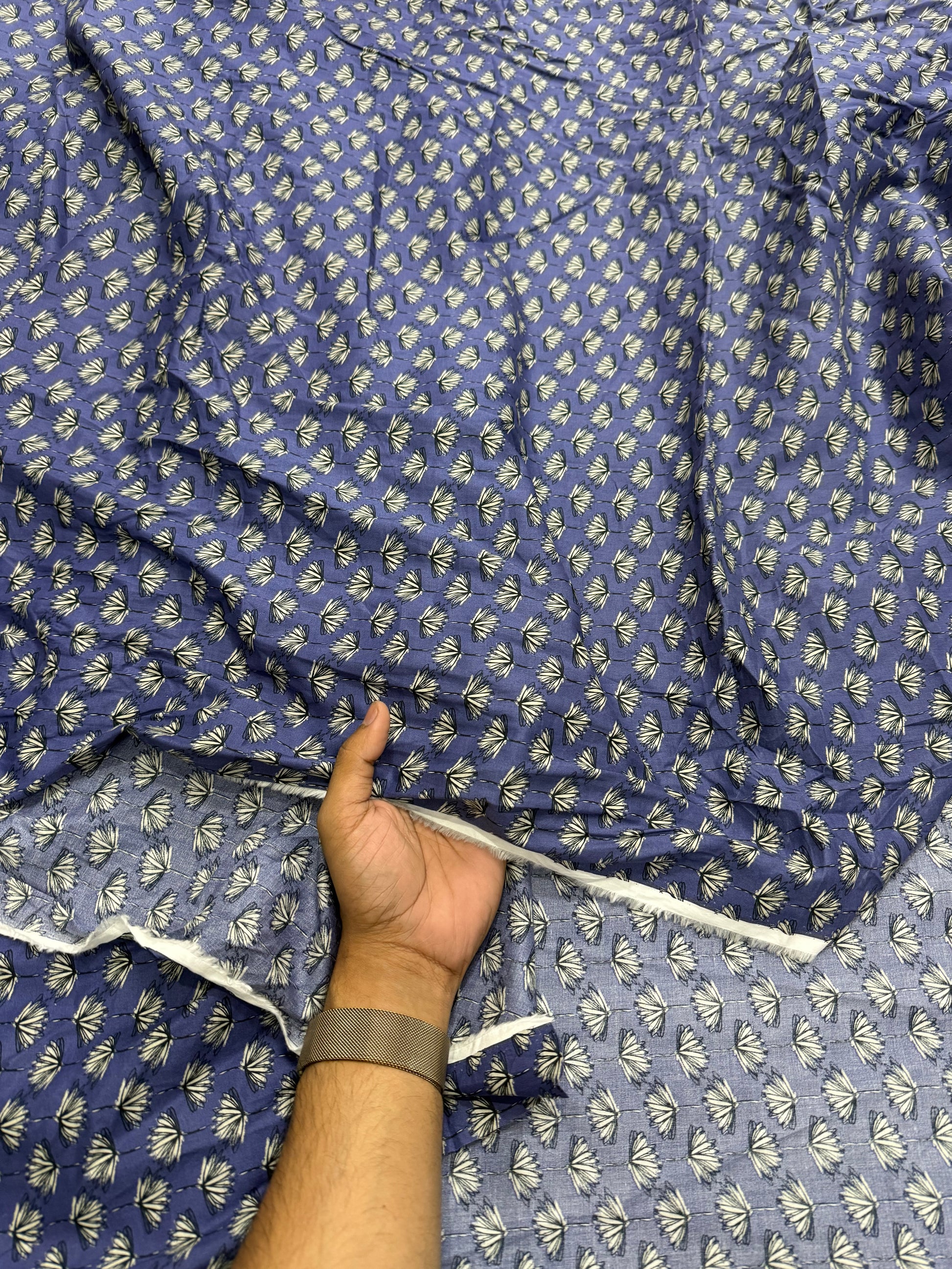 Buy Mul Cotton Blue Base Fan Flower Printed Fabric - MAF