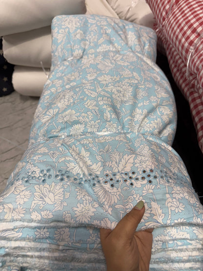 Buy Hakoba Poplin Baby Blue Base White Floral Palazzo Embroidery Fabric
