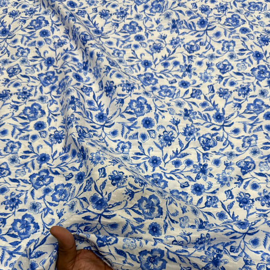 Buy Poplin Dobby Blue Acanthus Printed Fabric