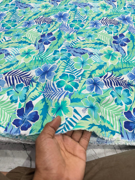Buy Cotton Viscose Peacock Green Blue Flower Fabric