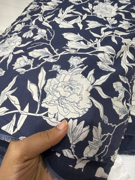 Buy Cotton Viscose Dark Blue Base White Floral Printed Fabric