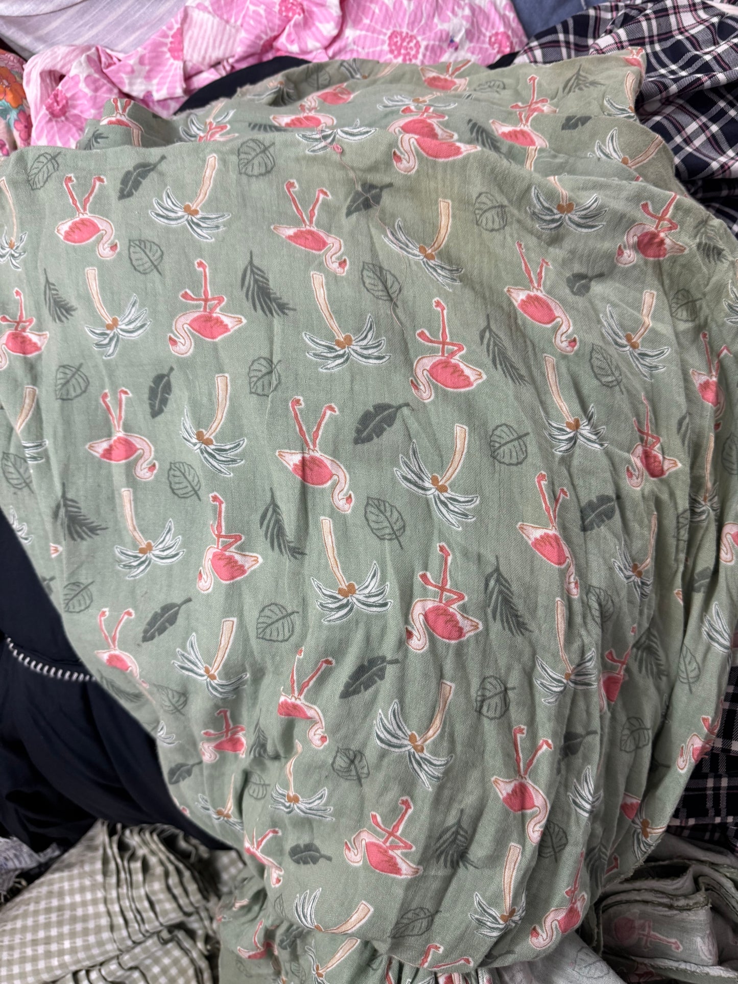 Buy Soft Cotton Double Cloth Green Base Flamingo Printed Fabric