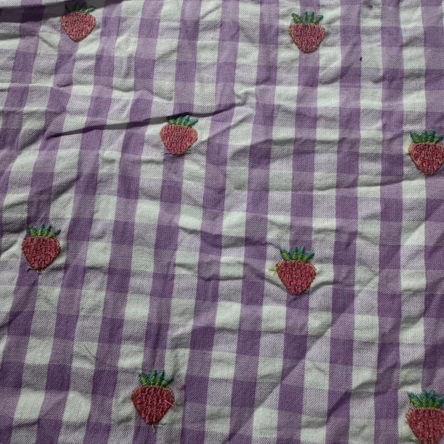Buy Premium Cotton Lilac Seersucker Checks Strawberry Embroidery Fabric