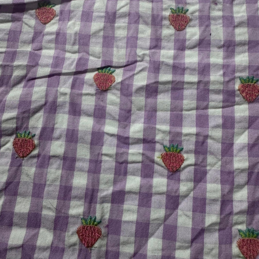 Buy Premium Cotton Lilac Seersucker Checks Strawberry Embroidery Fabric