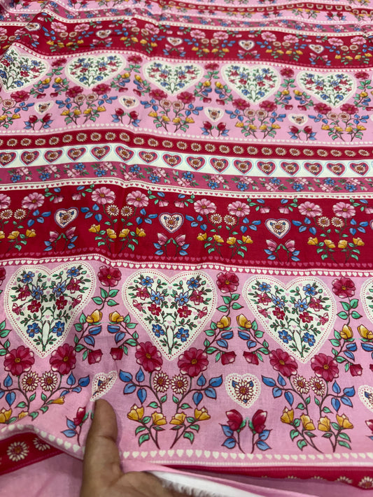 Buy Mul Cotton Pink Base Heart Panel Printed Fabric