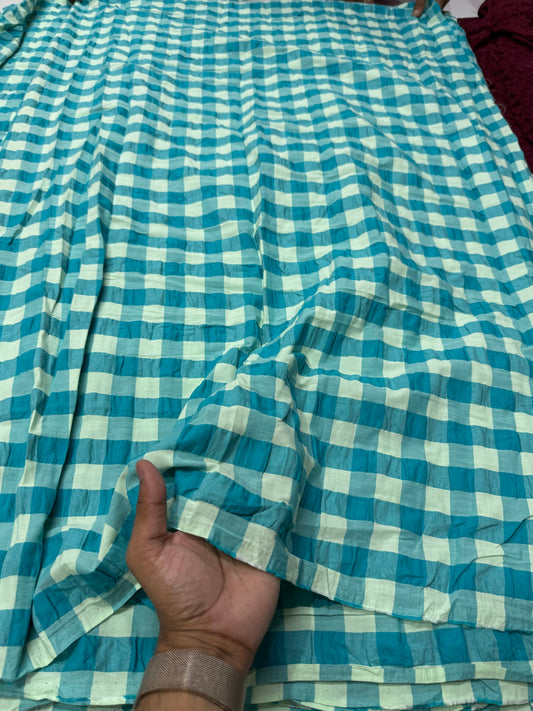 Premium Seersucker Teal Blue Check Fabric