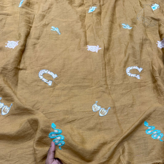 Buy Pure Linen Brown Patch Embroidery Fabric