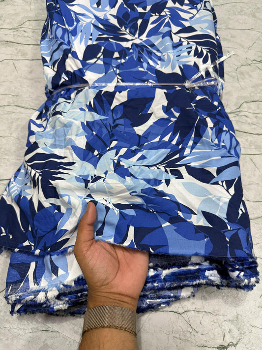 Buy Cotton Viscose Bluish Tropical Leaf Printed Fabric