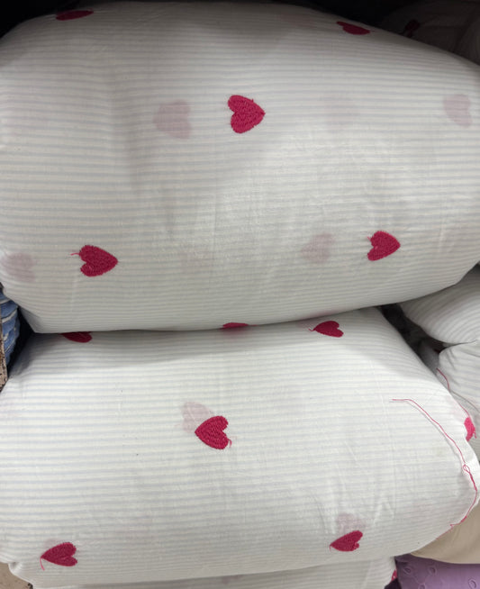 Buy Poplin Blue Stripe Heart Embroidery Fabric 