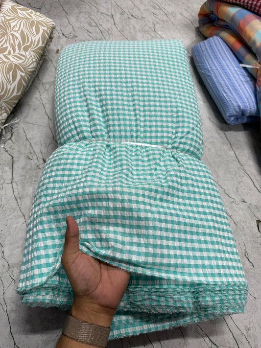 Premium Seersucker Tiffany Blue Checks Fabric