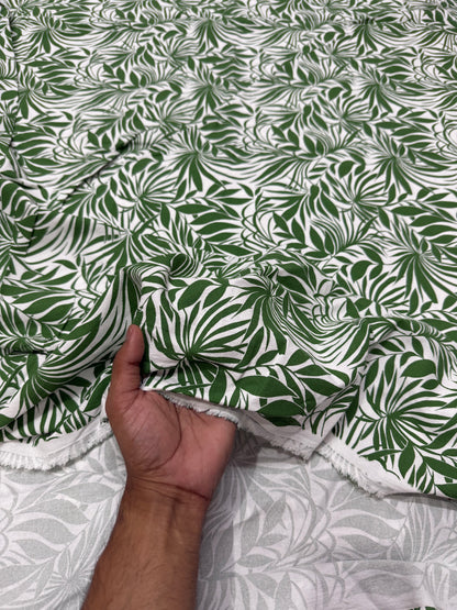 Buy Cotton Linen Bright Green Leaf Printed Fabric