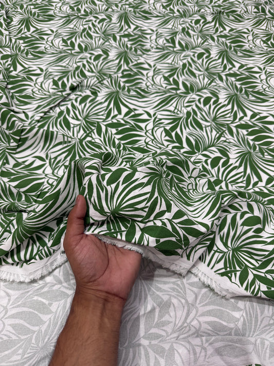 Buy Cotton Linen Bright Green Leaf Printed Fabric