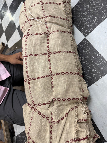 Buy Jute Cotton Linen French Beige Red Threadwork Fabric
