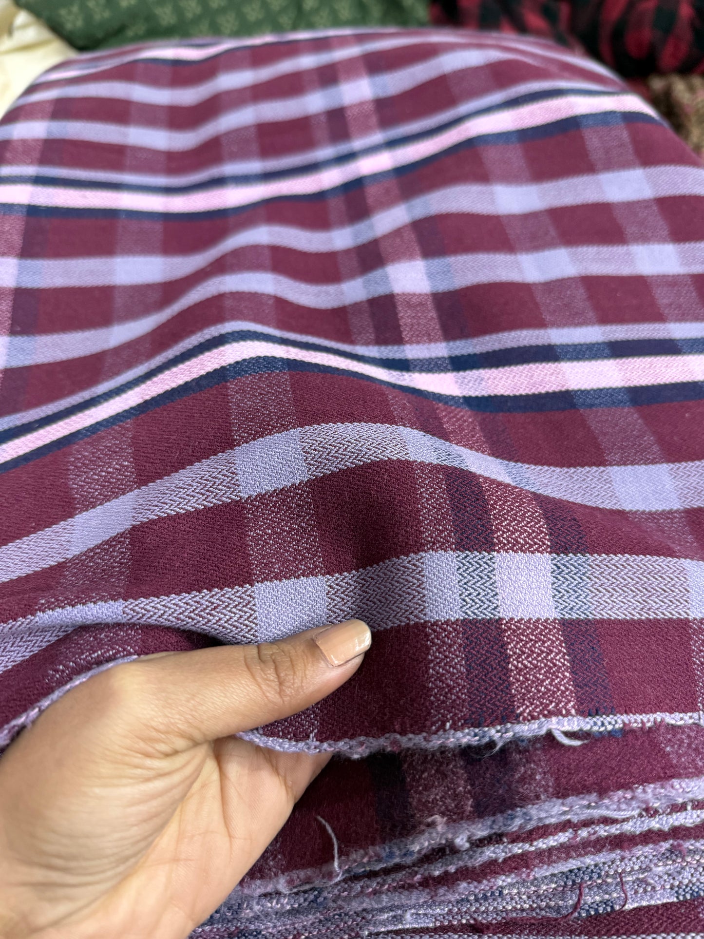 Buy Cotton Woollen Twill Purple Broad Check Fabric