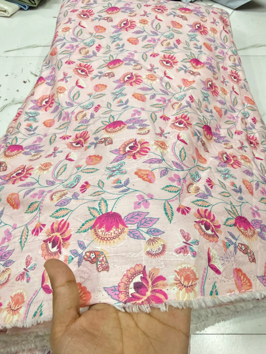 Buy Cotton Jacquard Pink Base Jacobean Printed