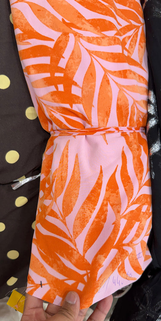 Buy Viscose Georgette Pink Base Orange Leaf Printed Fabric