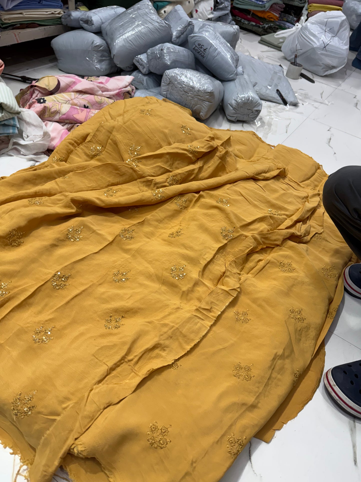 Buy Crepe Silk Mustard Hand Work Fabric