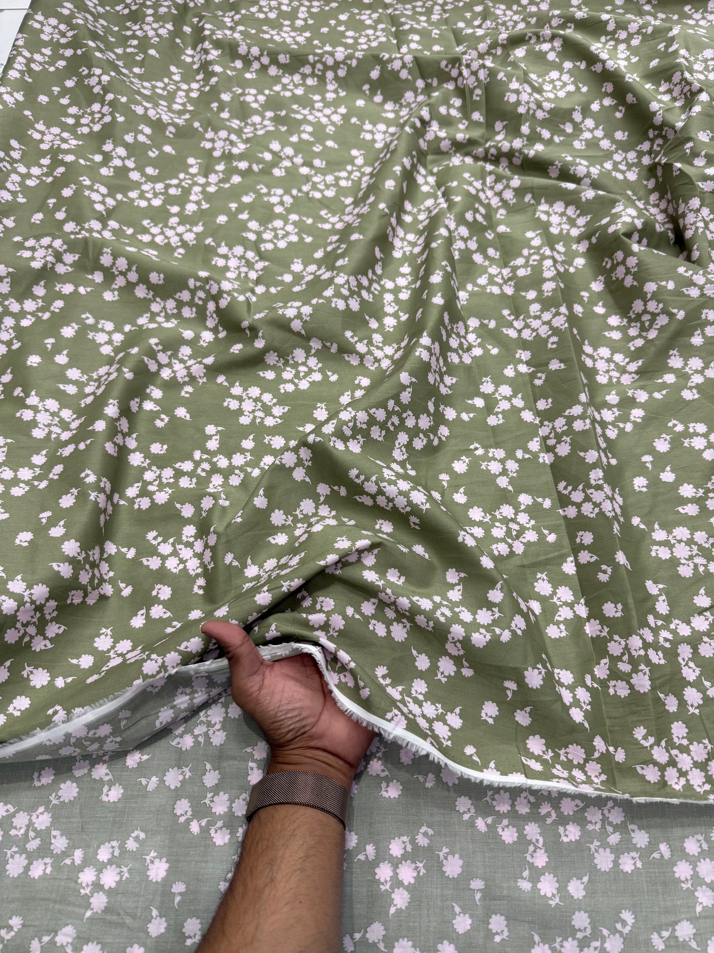 Buy Mul Cotton Olive Green Base Pink Flower Printed Fabric - MAF