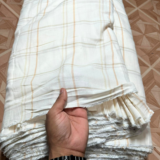 Woollen Pashmina White & Yellow Check Shirting Fabric