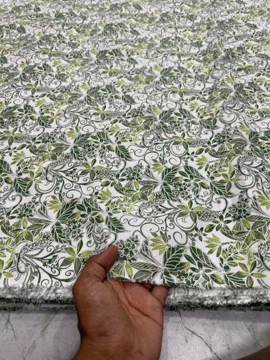 Buy Cotton Viscose Dirty Green Leaf Printed Fabric