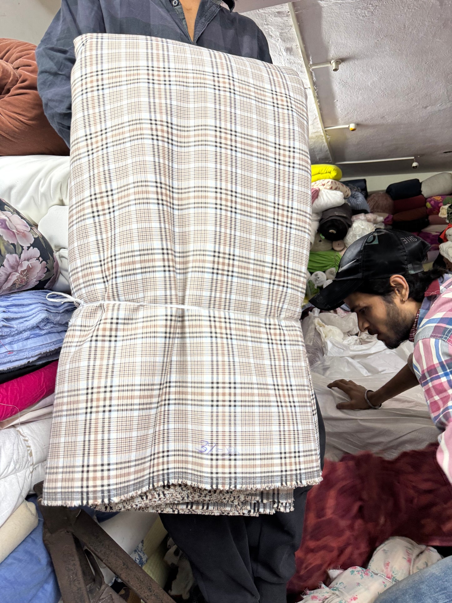 Buy Cotton Twill Beige Blue White Black Check Fabric