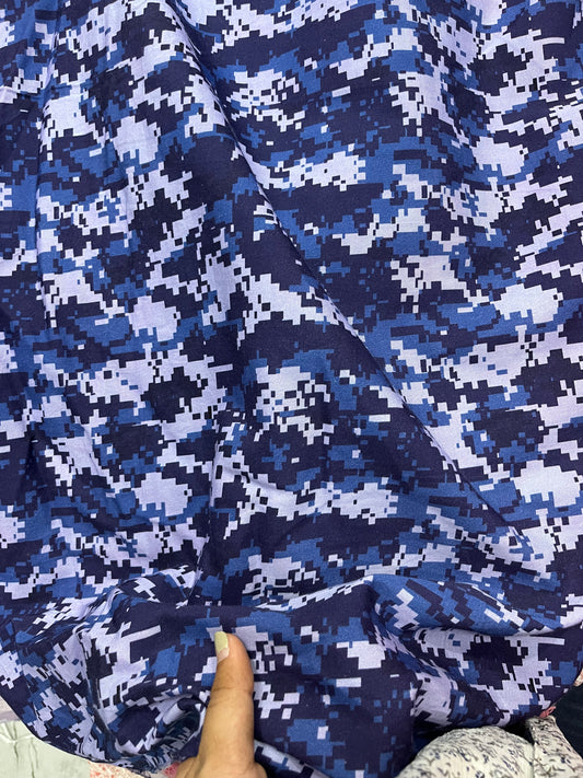 Buy Poplin Blue Shade Camouflage Printed Fabric