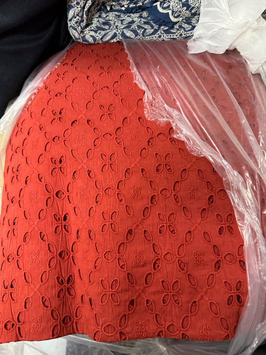 Buy Cotton Hakoba Dark Red 5 Diamond Cutwork Fabric