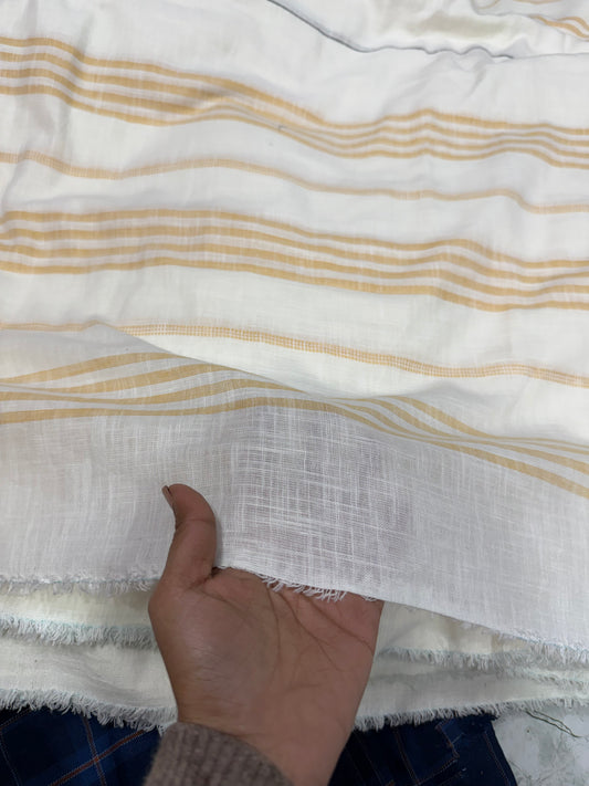 Buy Mul Cotton White Base Beige Stripe Yellow Yarn Dyed Fabric