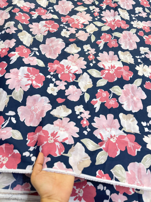 Buy Poplin Navy Blue Base Abstract Floral Printed Fabric