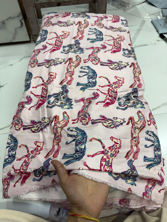 Buy Cotton Viscose Twill Horse Printed On Pink Base Fabric