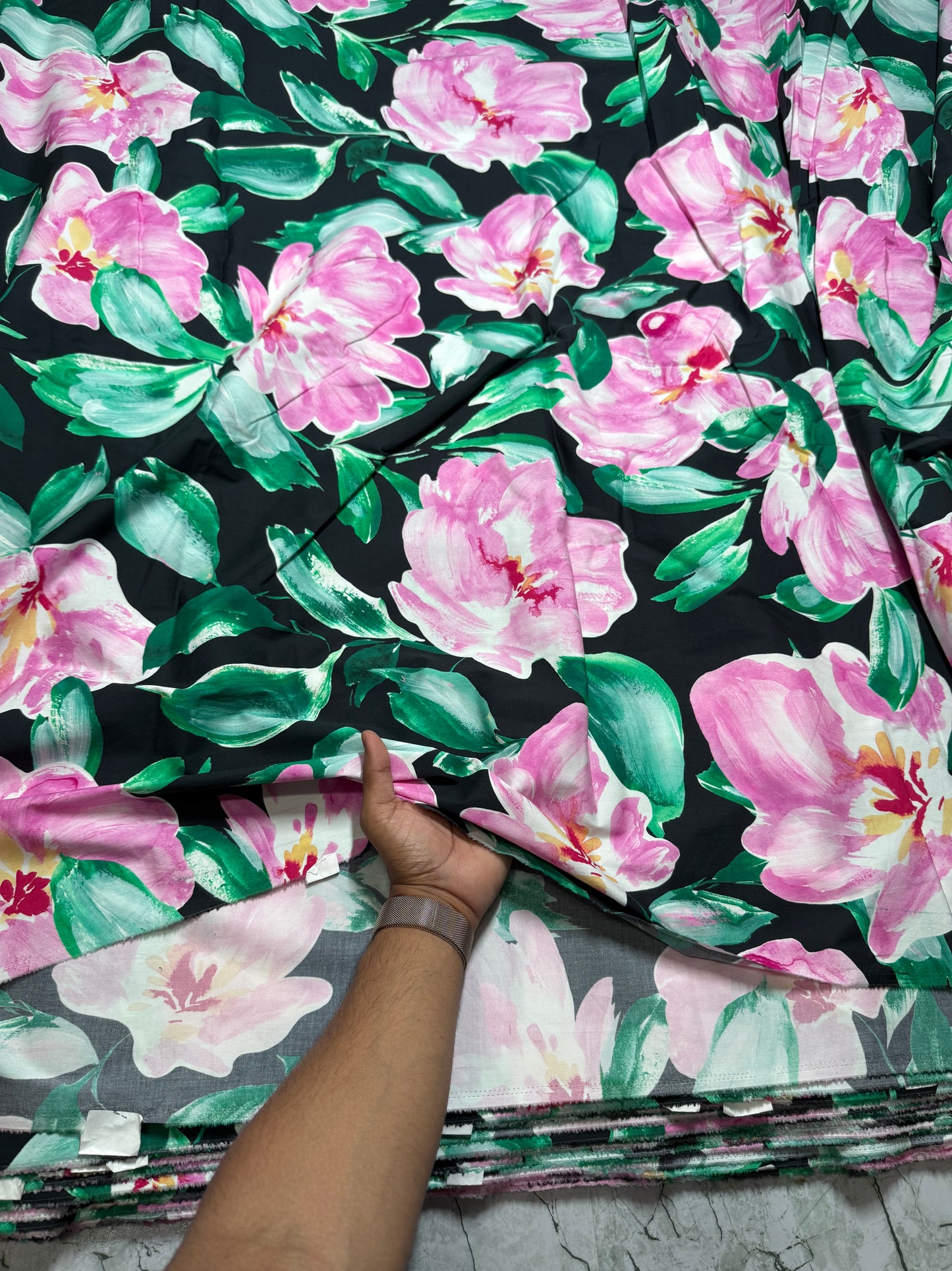 Buy Poplin Lycra Pink Green Rose Printed Fabric