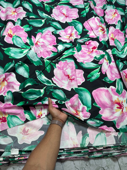 Buy Poplin Lycra Pink Green Rose Printed Fabric