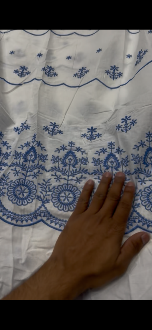 Buy Cotton Hakoba White Base Border Blue Embroidery Fabric