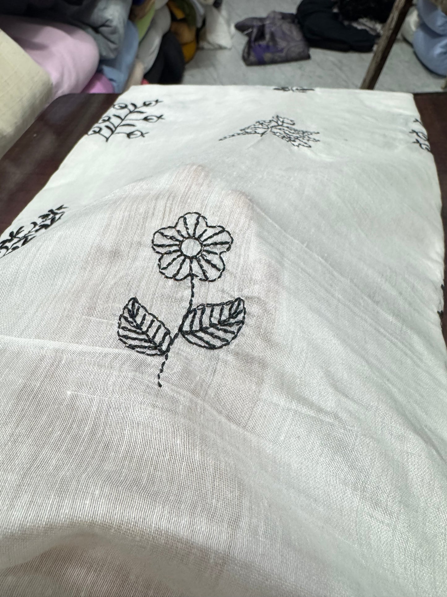 Buy White Mul Chanderi Black Embroidery Work Fabric