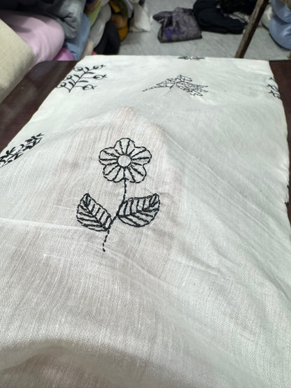 Buy White Mul Chanderi Black Embroidery Work Fabric
