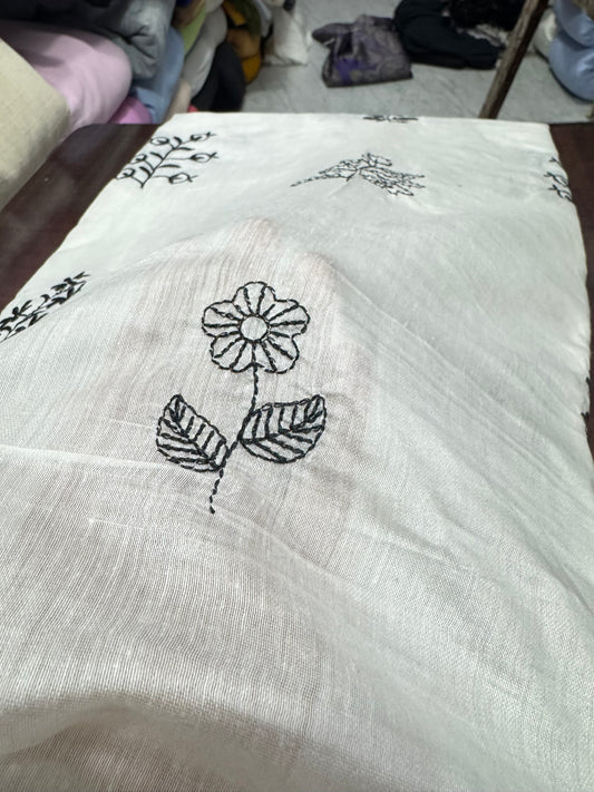 Buy White Mul Chanderi Black Embroidery Work Fabric