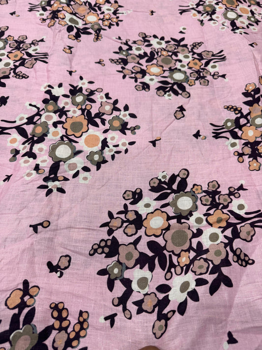 Buy Pure Linen Pink Base White Flower Fabric