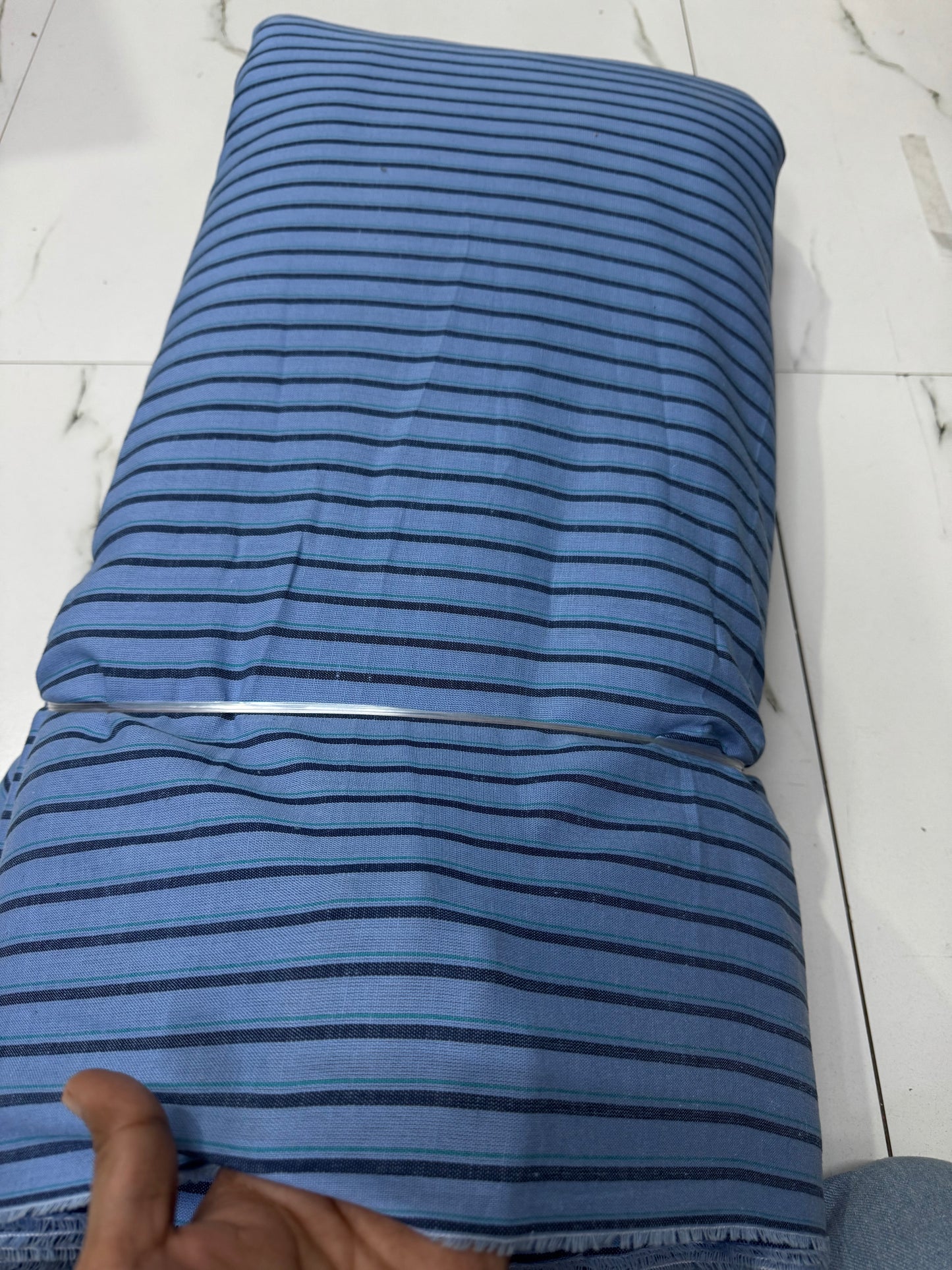Buy Cotton Linen Blue Base Dark Blue Stripe Fabric