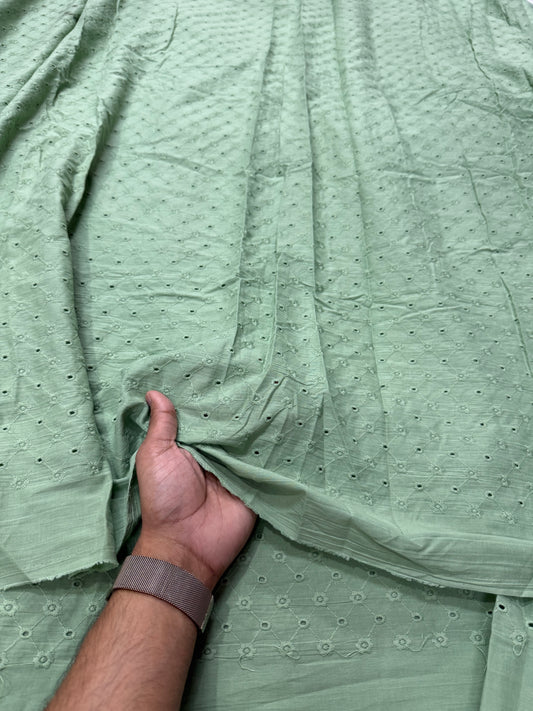 Buy Cotton Hakoba Sage Green Zig Zag Pattern Embroidery