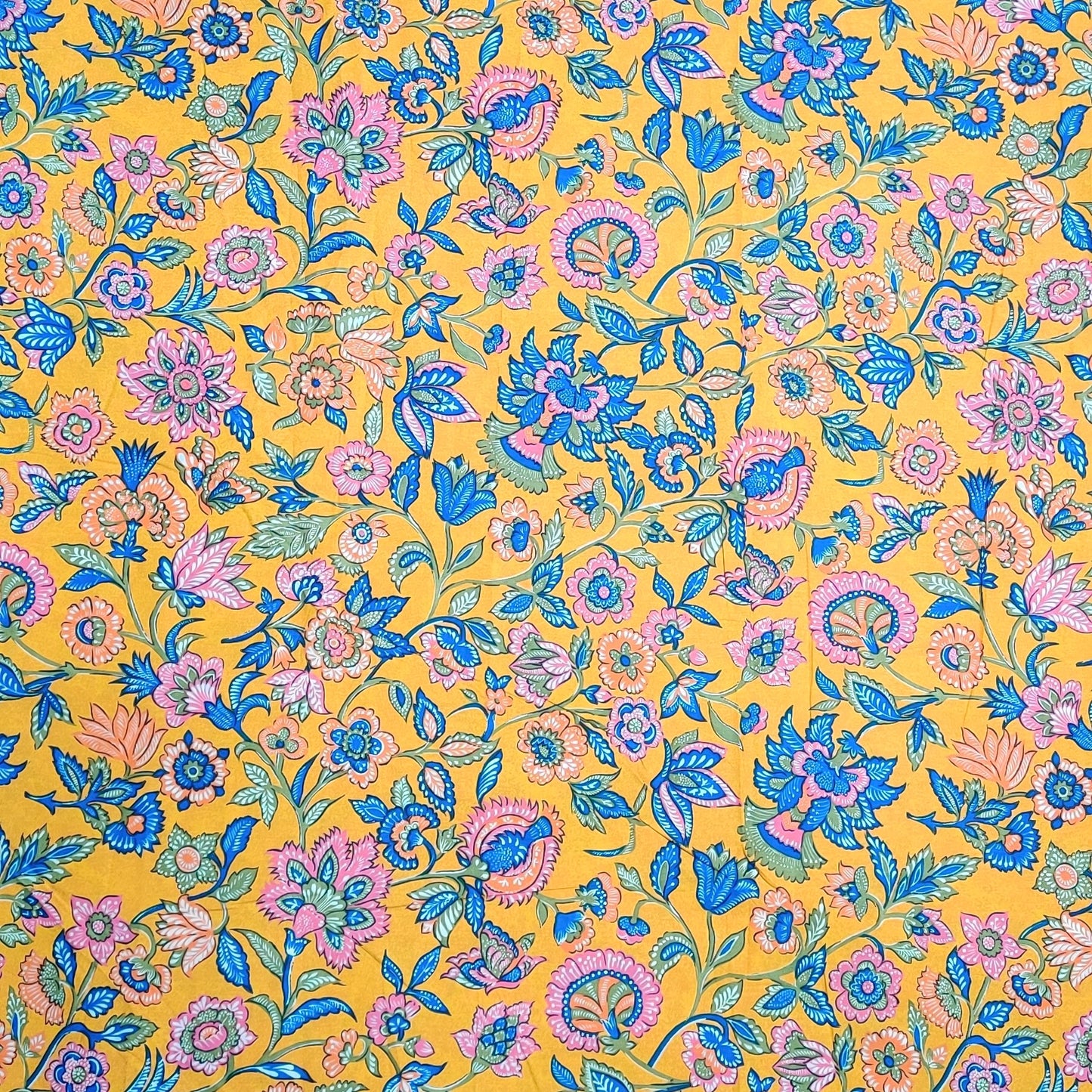 Buy Poplin Yellow Base Colourful Jacobean Printed Fabric