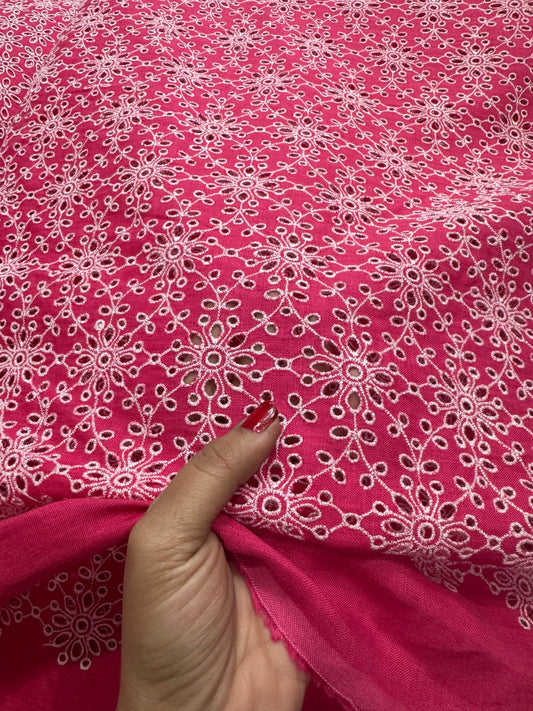Buy Linen Hot Pink Hakoba Heavy Flowery Joined Fabric