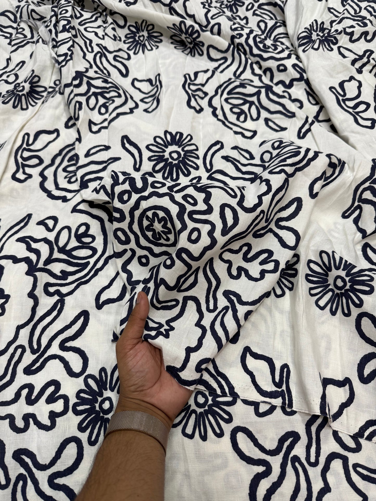 Buy Pure Linen Black Abstract Flower Fabric