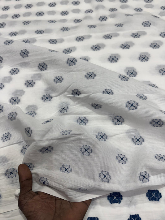 Buy Cotton Jacquard White Base Blue Butta Fabric